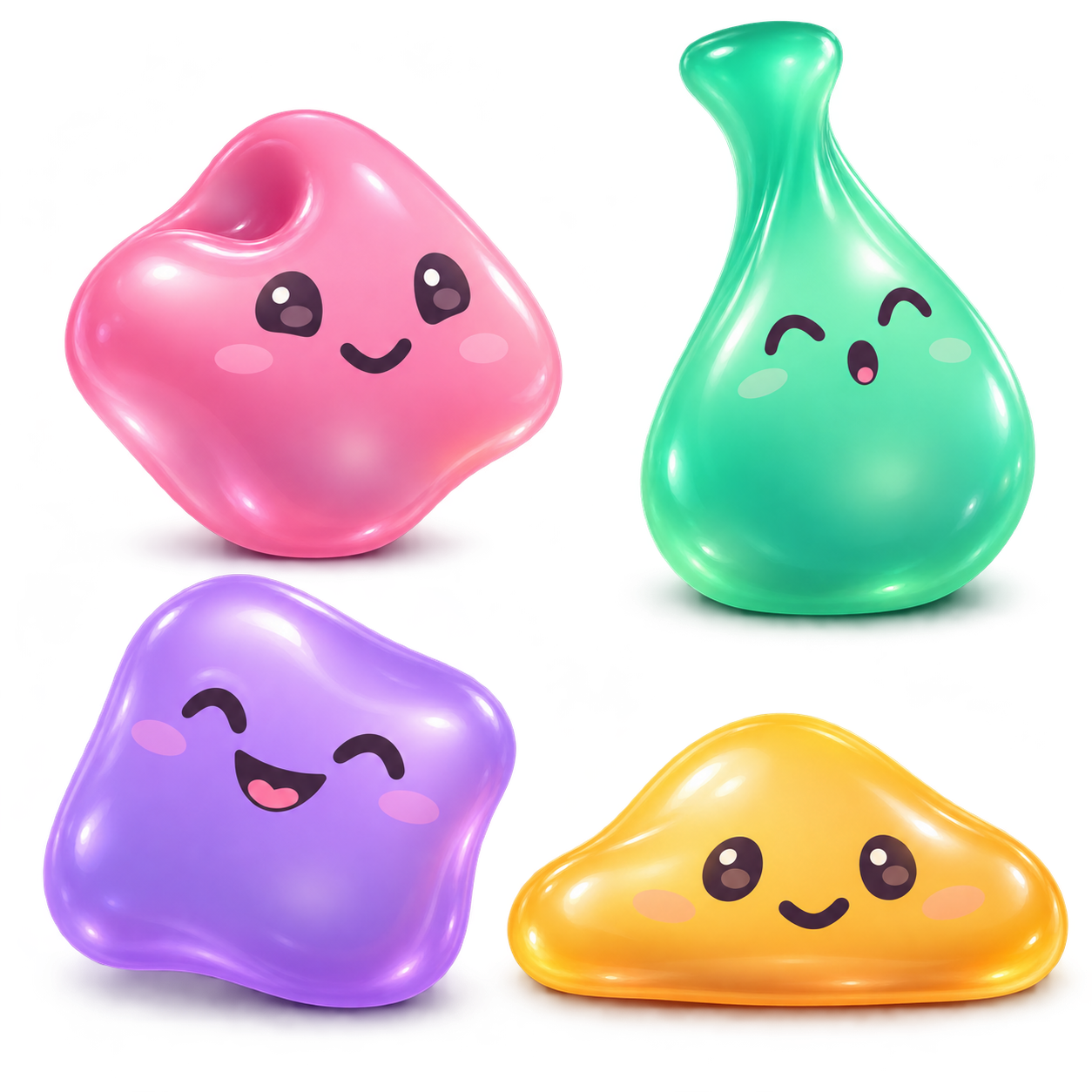 Cuatro Gummies en poses estáticas con volumen 3D: Rosa presionado, Menta estirado, Lavanda con cosquillas y Miel aplastado